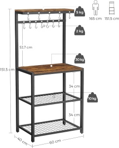 VASAGLE Raft de bucatarie, suport pentru cuptorul cu microunde, cu 3 polite, 60x40x152cm, maro rustic - Img 3