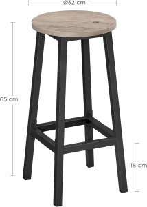 VASAGLE Set 2 scaune bar inalte, sezut rotund, cadru din otel, inaltime 65 cm, stil industrial, gri - Img 3