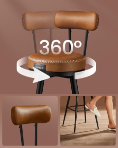 VASAGLE set 2 scaune de bar rotative 360°, cu spatar, inaltime 101 cm, piele sintetica, cadru otel, stil modern, maro - Img 3