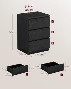 VASAGLE Set de 2 noptiere, cu sertare, 2 prize si 2 USB, 35x40x59 cm, negru - Img 3