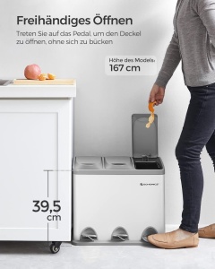 Cos gunoi colectare selectiva Songmics, 3 compartimente cu pedale, 24 L, alb‑gri - Img 6