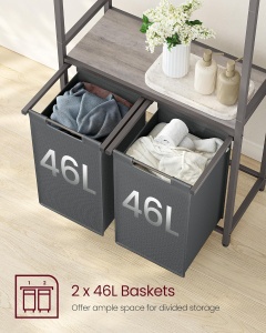 (DL) VASAGLE Cos de rufe, 2 compartimente, saci de rufe detasabili, 1 raft, tija umerase, 2x46L, 73x33x175cm, gri - Img 4