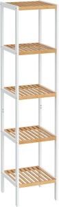 Etajera ingusta din bambus, Songmics, 5 rafturi, alb/lemn