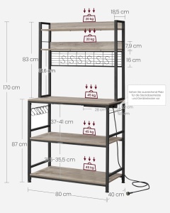 Raft de bucatarie cu priza integrata, Vasagle, 40 × 80 × 170 cm, negru - Img 3