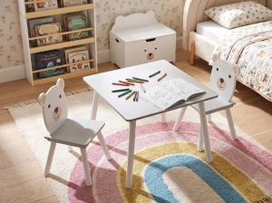 Set masa cu 2 scaune pentru copii MIMILI, alb si gri, MDF si lemn de pin, design scandinav - Img 6
