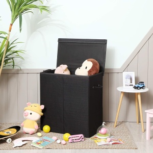 SONGMICS Cos de rufe textil, pliabil, 2 compartimente, saci detasabili, 142L, 60x36x66cm, negru - Img 3