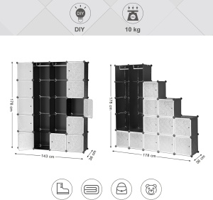 SONGMICS Dulap de depozitare modular, 12 compartimente inchise, 2 sine pentru umerase, 178x143x36cm, negru si alb - Img 3
