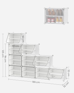 SONGMICS Dulap modular pantofi cu 10 compartimente, cu usi transparente, 83x32x156 cm, alb - Img 4