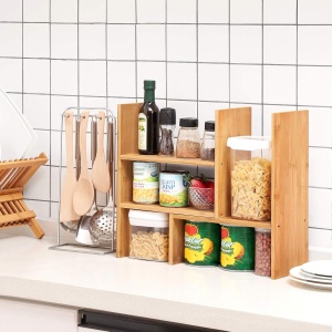 SONGMICS Organizator modular cu 3 forme de depozitare reglabile, din bambus, 65x15x40 cm, maro - Img 2