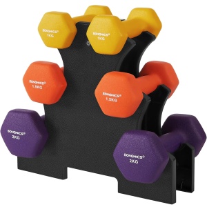 SONGMICS Set de 6 gantere hexagonale cu suport, 2x1kg 2x1.5kg 2x2kg, multicolor - Img 1