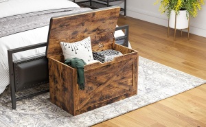 VASAGLE Banca pentru pantofi cu perna, tip cufar de depozitare, stil hambar, 76x40x48cm, maro rustic - Img 2