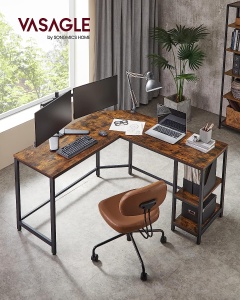VASAGLE Birou de colt in forma de L, cu 2 rafturi de depozitare, 138x138x75cm, industrial, maro rustic si negru - Img 3