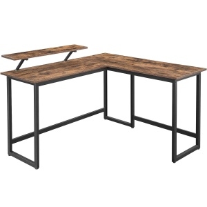 VASAGLE Birou in forma de L cu suport pentru monitor, cadru metalic, 140x130x76cm, maro rustic - Img 1