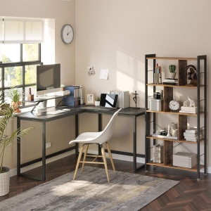 VASAGLE Birou in forma de L cu suport pentru monitor, cadru metalic, 140x130x76cm, negru - Img 3