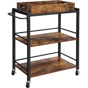 VASAGLE Carucior de servire pe roti pentru bucatarie, 3 polite, tava detasabila, stil industrial, 40x72x86cm, maro rustic - Img 1