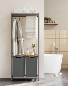 VASAGLE Cos de rufe, 2 compartimente, saci de rufe detasabili, 2 rafturi, tija umerase, 2x46L, 73x33x177cm, gri - Img 3