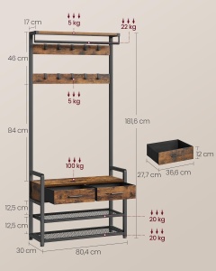VASAGLE Cuier cu polite de depozitare pantofi si 2 sertare, cadru din otel, stil industrial, 30x80x182cm, maro rustic - Img 3