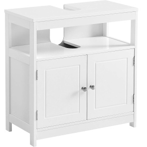 VASAGLE Dulap baie 60x30x60 cm, 2 usi, compartiment deschis, stil scandinav, alb mat - Img 1