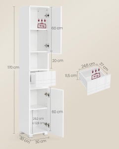 VASAGLE Dulap de baie tip coloana, din MDF, cu sertar si 2 usi, 30x30x170cm, alb - Img 3