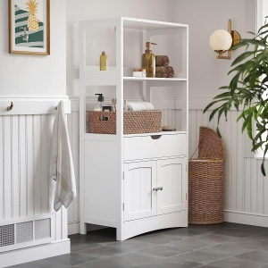 VASAGLE Dulap de depozitare pentru baie cu sertar, 2 usi, 2 rafturi, 60x32x122cm, alb - Img 3