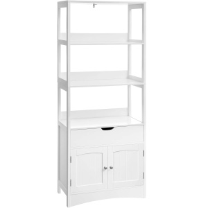 VASAGLE Dulap inalt baie cu 3 rafturi, 1 sertar si 1 dulap, din MDF, 60x33x154 cm, alb