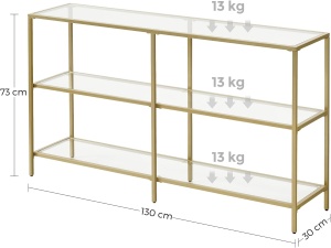 VASAGLE Masa de intrare, pe 3 nivele, blat din sticla securizata, cadru metalic, 30x130x73cm, auriu - Img 3