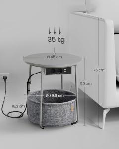 VASAGLE Masuta de cafea rotunda cu cos de stofa, statie de incarcare 2 prize si 2 USB, 45x50cm, gri argintiu - Img 3