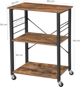 VASAGLE Raft de bucatarie pe roti, carucior de servire cu 3 rafturi, cadru metalic, 40x60x89cm design industrial, maro rustic - Img 2