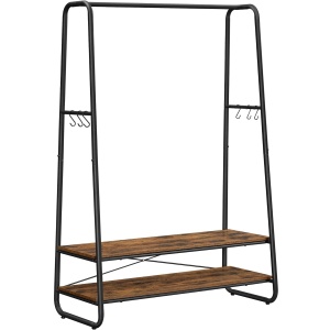 VASAGLE Raft pentru haine cu suport pentru pantofi, 2 polite, 6 carlige laterale, 45x100x160cm, maro rustic - Img 1