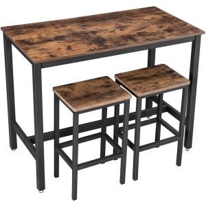 VASAGLE Set masa de bar cu 2 scaune, cadru din otel, blat lemn, stil industrial, 120x60x90cm, maro rustic - Img 1