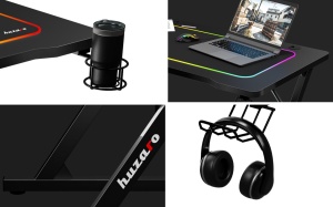 Birou pentru gaming Huzaro Hero 1.8, Suport pentru casti si pahare, Doua intrari speciale de cablu, Design dinamic, 100 x 60 cm, Negru - Img 5
