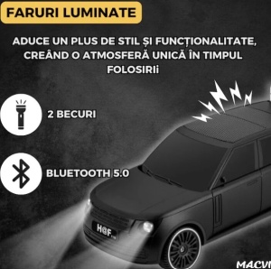 Boxa Portabila HOF, Bluetooth 5.0 cu design de masina, faruri luminate, incarcare usb si panou solar, functie suport telefon, negru - Img 4