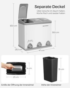 Cos gunoi colectare selectiva Songmics, 3 compartimente cu pedale, 24 L, alb‑gri - Img 3