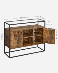 (DL) VASAGLE Comoda de depozitare tip bufet, cu polita de sticla, 6 compartimente, 2 usi, industrial, 35x100x80cm, maro rustic si negru - Img 4