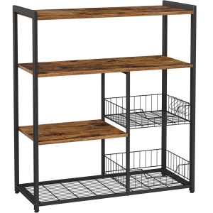 (DL) VASAGLE Raft de bucatarie, suport pentru cuptorul cu microunde, 2 cosuri de sarma, 6 carlige S, 35x80x95cm, maro rustic - Img 1