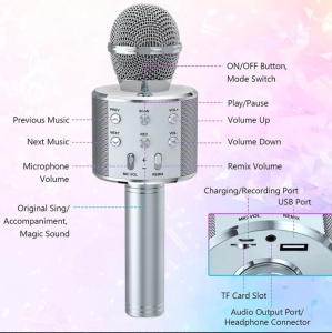 Microfon karaoke WS-858 , Boxa Inclusa, SD Card, USB, AUX, argintiu - Img 4