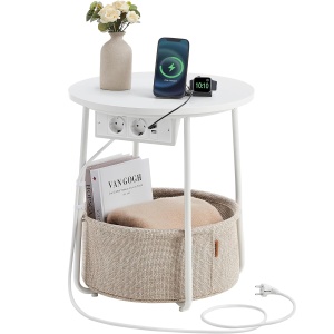 RESIGILAT: VASAGLE Masuta de cafea rotunda cu cos de stofa, statie de incarcare 2 prize si 2 USB, 45x50cm, alb