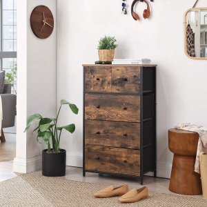 SONGMICS Comoda cu 5 sertare 56x30x89 cm, cadru metalic si blat MDF, manere lemn, maro rustic si negru - Img 2