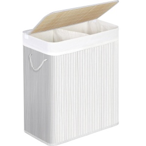 SONGMICS Cos de rufe din bambus cu capac, 2 compartimente, sac detasabil, volum 100L, 52x32x62cm, alb