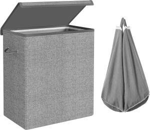 SONGMICS Cos de rufe textil, pliabil, 2 compartimente, saci detasabili, 142L, 60x36x66cm, gri - Img 2