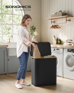 SONGMICS Cos de rufe textil, pliabil, cu 3 compartimente detasabile, 150L, 60x39x71 cm, negru - Img 3