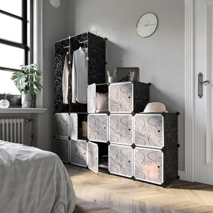 SONGMICS Dulap de depozitare modular, 12 compartimente inchise, 2 sine pentru umerase, 178x143x36cm, negru si alb - Img 4