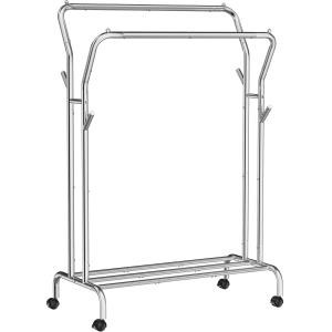 SONGMICS Suport pentru haine pe roti, cu polita, sina dubla, cadru metalic, sarcina 100kg, 53x104x155cm, inox argintiu