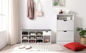 VASAGLE Banca de depozitare cu suport pentru pantofi, 10 compartimente si dulap, cu perna, 30x104x48cm, alb - Img 2