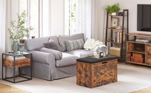 VASAGLE Banca pentru pantofi cu perna, tip cufar de depozitare, stil hambar, 76x40x48cm, maro rustic - Img 3