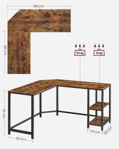 VASAGLE Birou de colt in forma de L, cu 2 rafturi de depozitare, 138x138x75cm, industrial, maro rustic si negru - Img 4