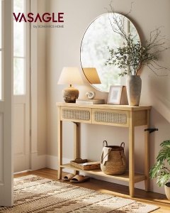 VASAGLE Consola hol 100x30x80 cm, 2 sertare, raft deschis, colturi rotunjite, stil boho, MDF si ratan PVC, bej stejar - Img 2