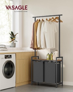 VASAGLE Cos de rufe, 2 compartimente, saci de rufe detasabili, 1 raft, tija umerase, 2x46L, 73x33x175cm, maro rustic - Img 2