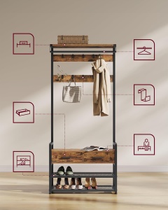 VASAGLE Cuier cu polite de depozitare pantofi si 2 sertare, cadru din otel, stil industrial, 30x80x182cm, maro rustic - Img 4