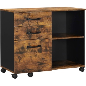 VASAGLE Dulap mobil tip rollbox pentru birouri, sertar cu sina suport dosare, stil industrial, 40x80x66 cm, maro rustic - Img 1